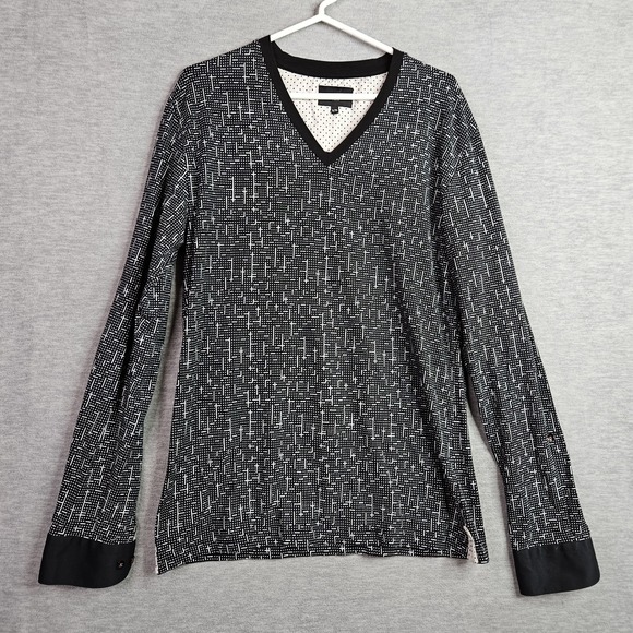 Black & White Other - Maceoo Paris Mens Black White Print V Neck Top 5/XL Blue white Contrast Cuff